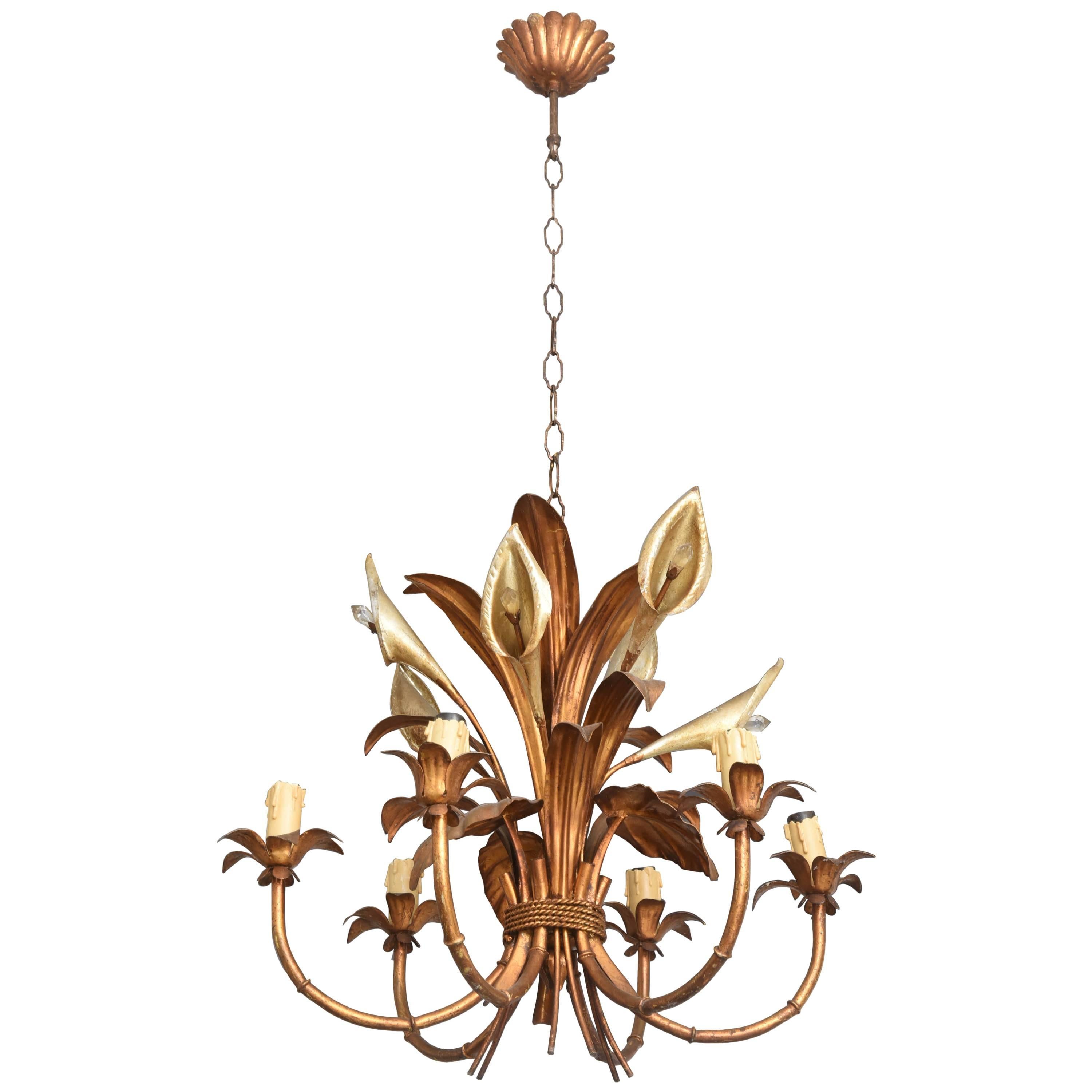 Hollywood-Regency Style Gilt Metal Chandelier with Calla Lilies, Italy, 1960s