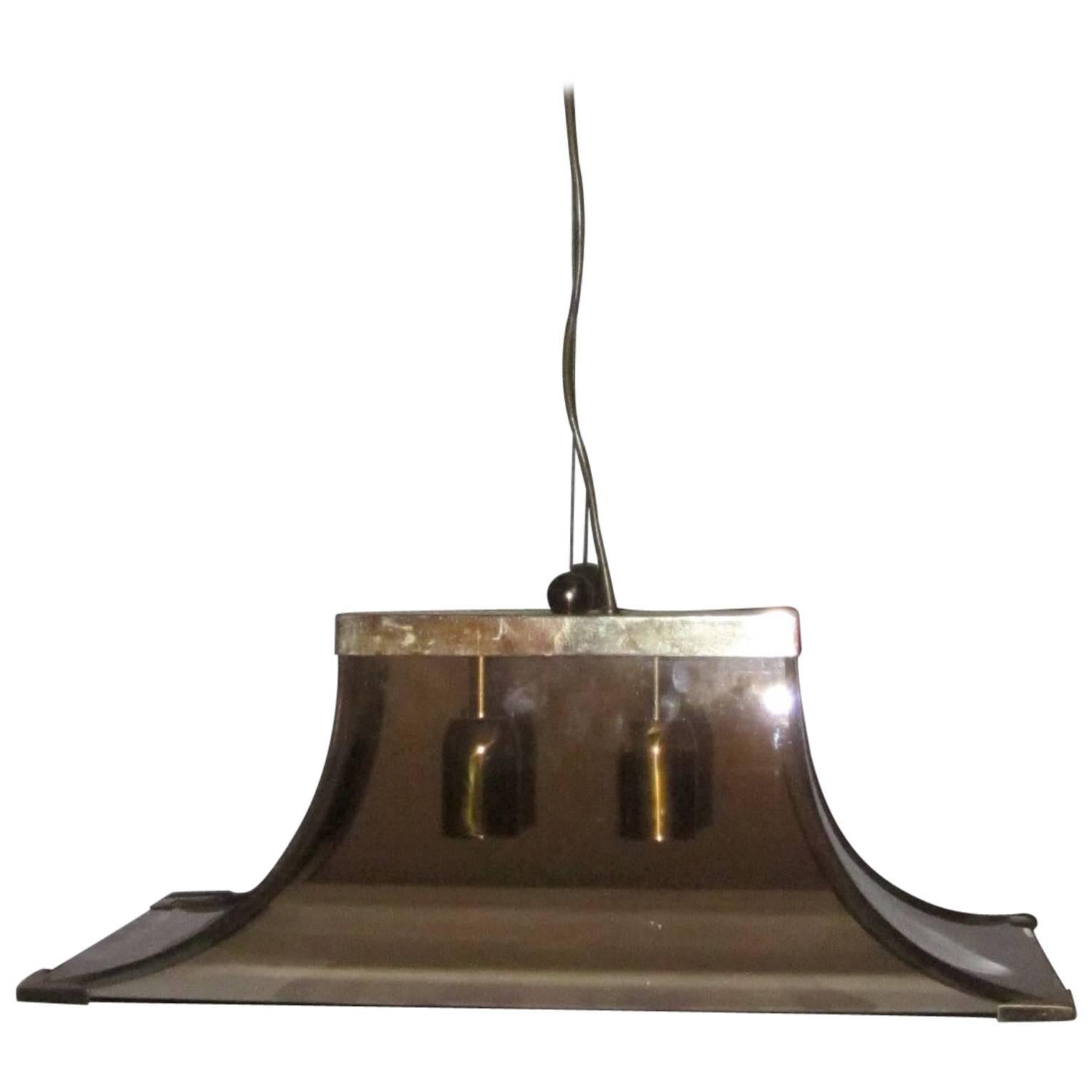 Smoked Taupe Curved Glass and Brass Rectangular Chandelier, Italy, 1970s For Sale