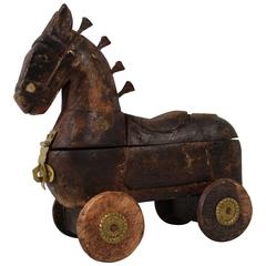 Antique Folk Art Carved Wooden Horse on Wheels with Locking Storage Compartment or Box
