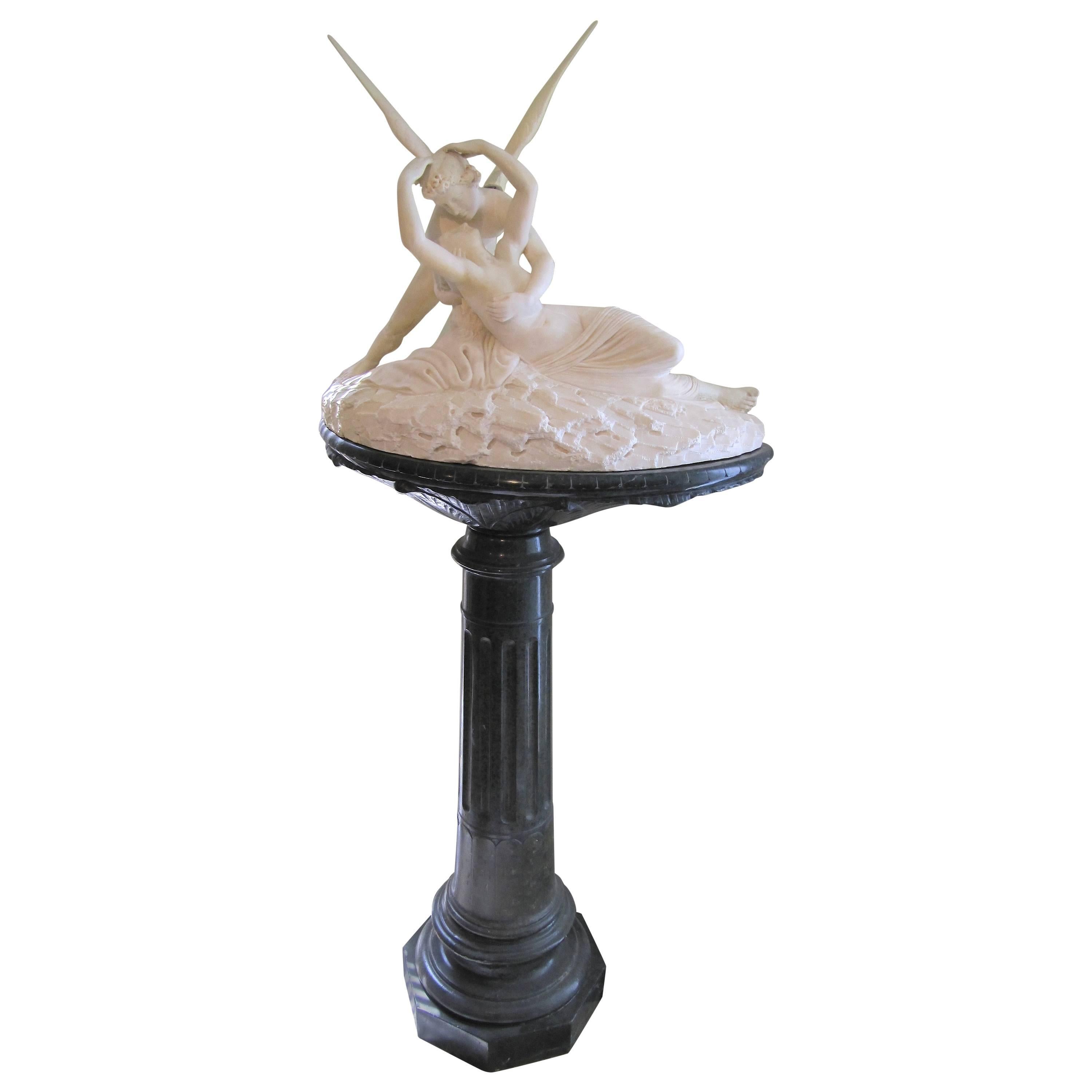 Palatial Marble Sculpture By Barzanti.  'Cupid's Kiss' on Marble Pedestal For Sale