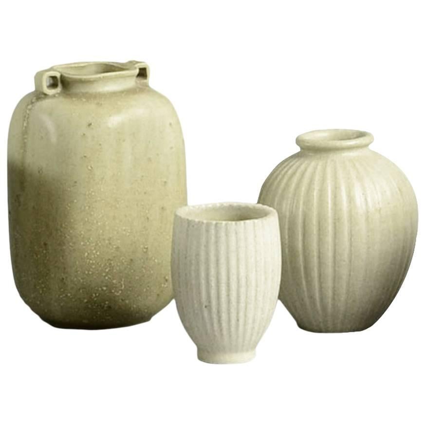 Three Vases with White Glaze by Arne Bang For Sale