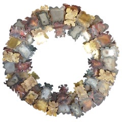 C. Jere torch cut copper brass steel autumn leaves round mirror