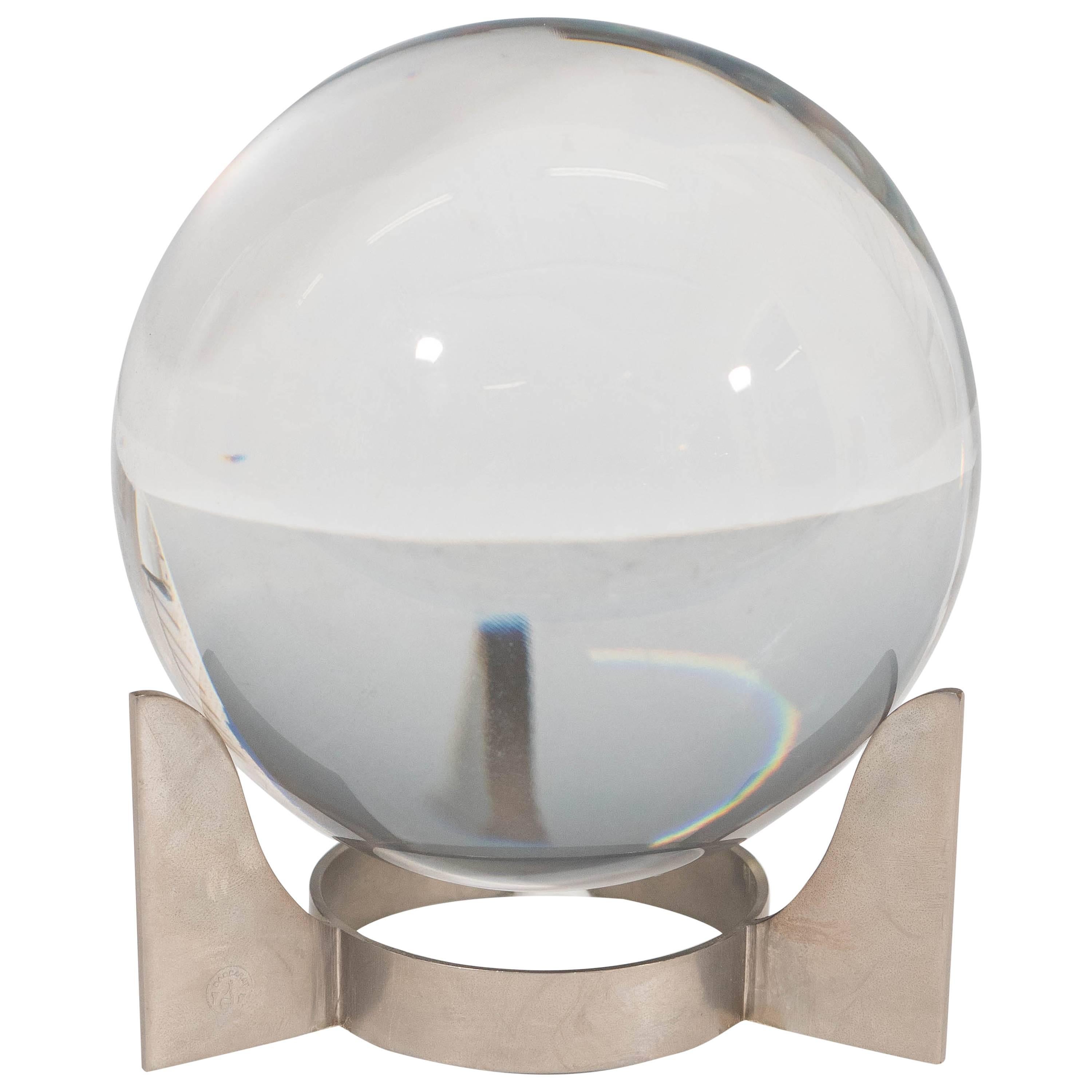 1940s Baccarat Sirius Crystal Ball on Nickel Plate Stand