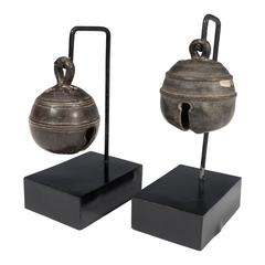 Set of Two Antique Bronze Bells on Wood Bases