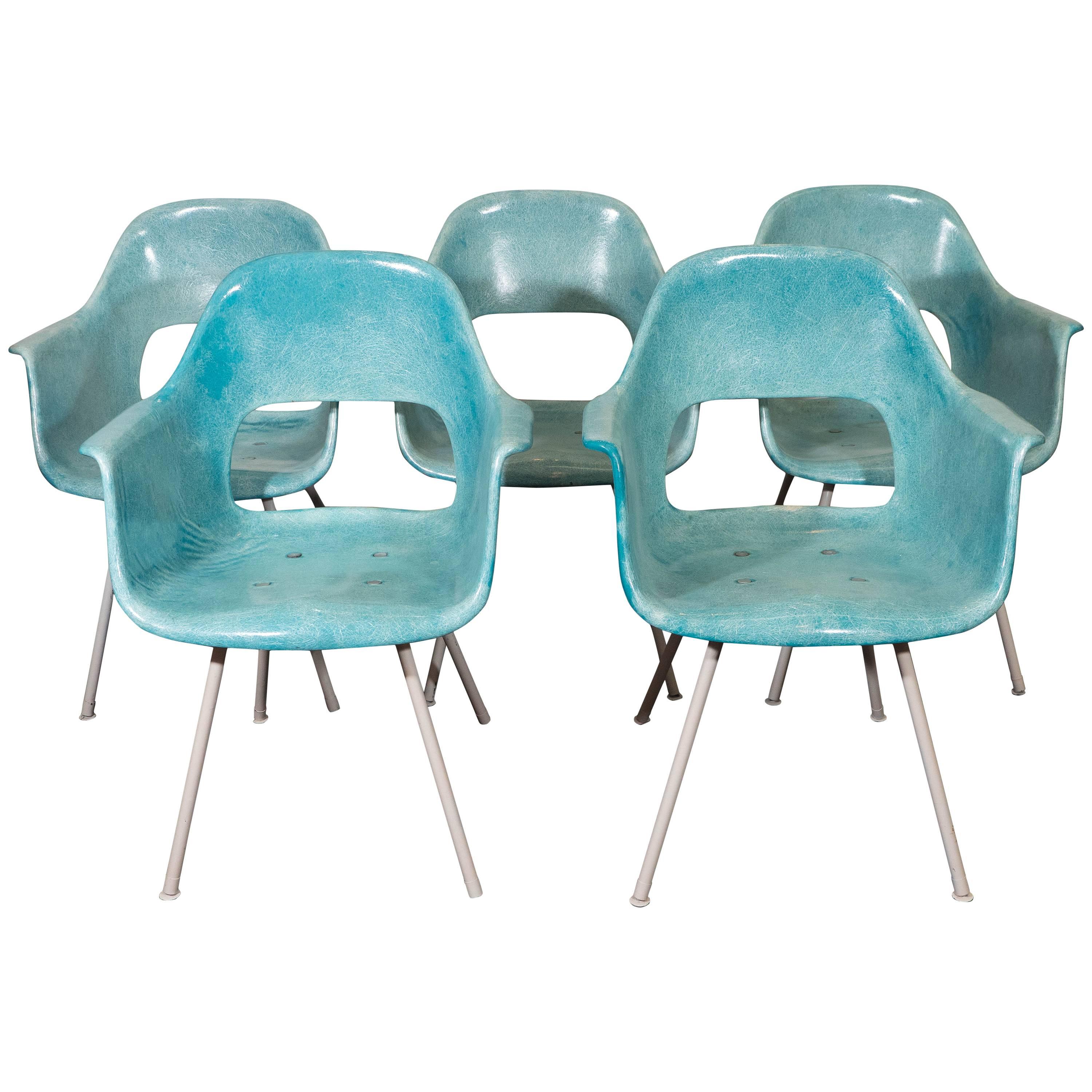 Set of Five Turquoise Fiberglass Armchairs in the Style of Eames