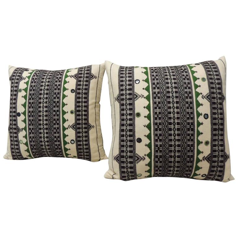 Pair of Green and Black Embroidery Decorative Pillows For Sale at 1stdibs