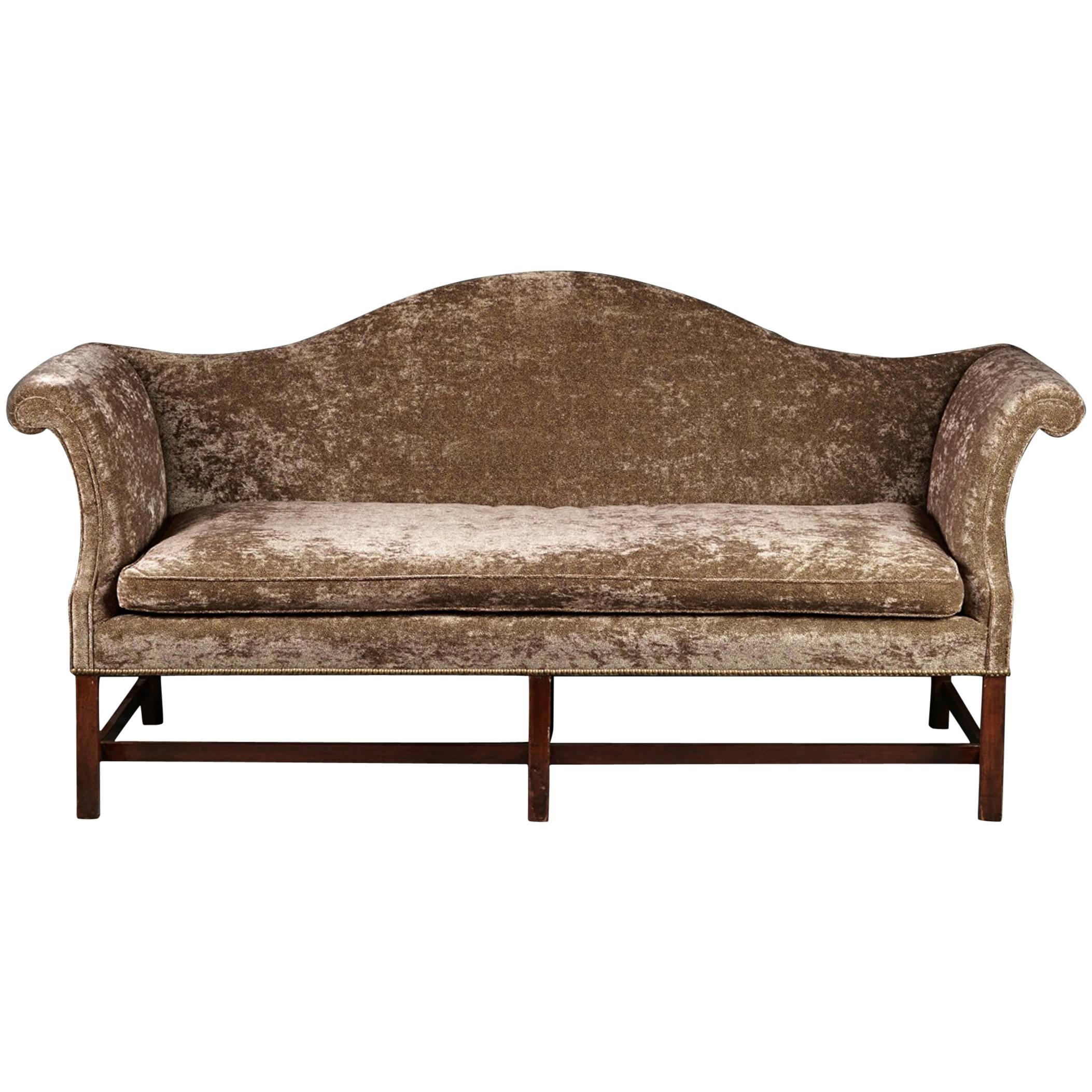 Fine 18th Century Mahogany Camelback Sofa in Modern Fabric For Sale