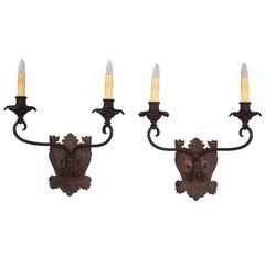 Antique Pair of Very Large-Scale Double Sconces with Dog Heads
