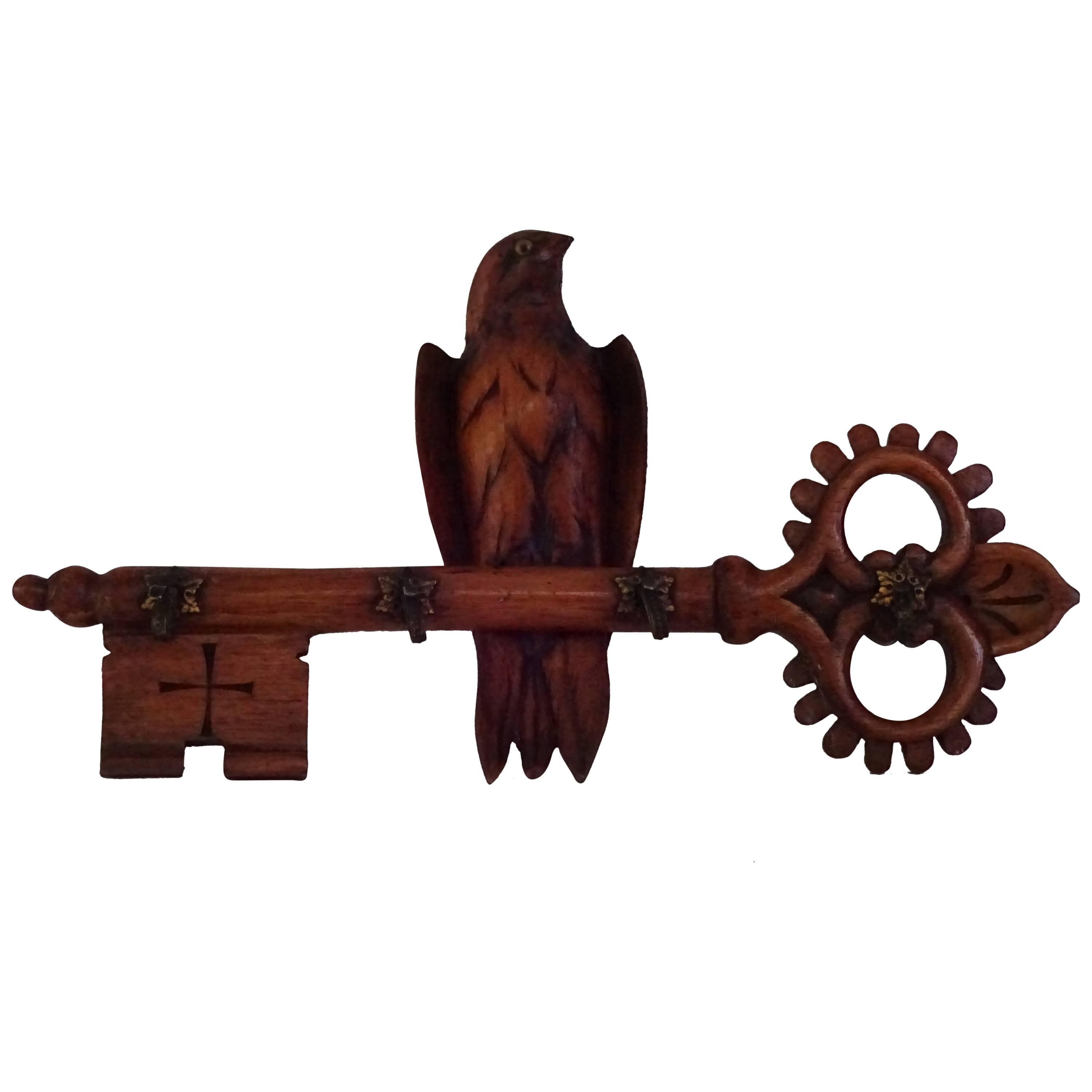Edwardian Carved Key Form Coat Hook with Bird