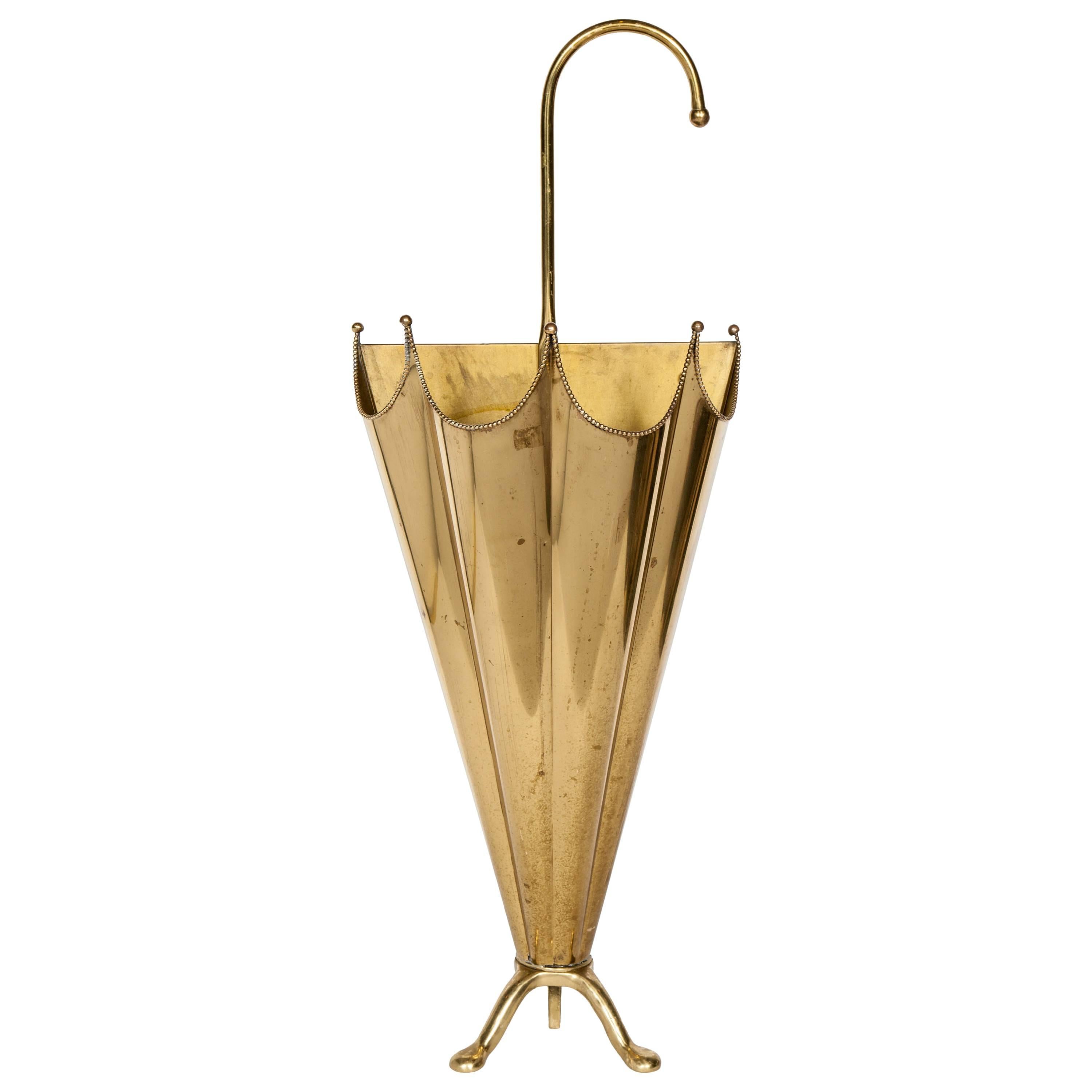 French Mid-Century Modern Footed Umbrella Stand in Brass