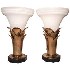 Hollywood Regency Brass Lotus and Glass Torchiere Table Lamps
