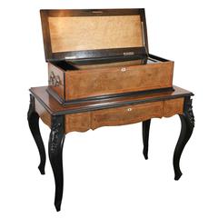 Antique Burl and Ebonized Music Box on Stand with Drawer
