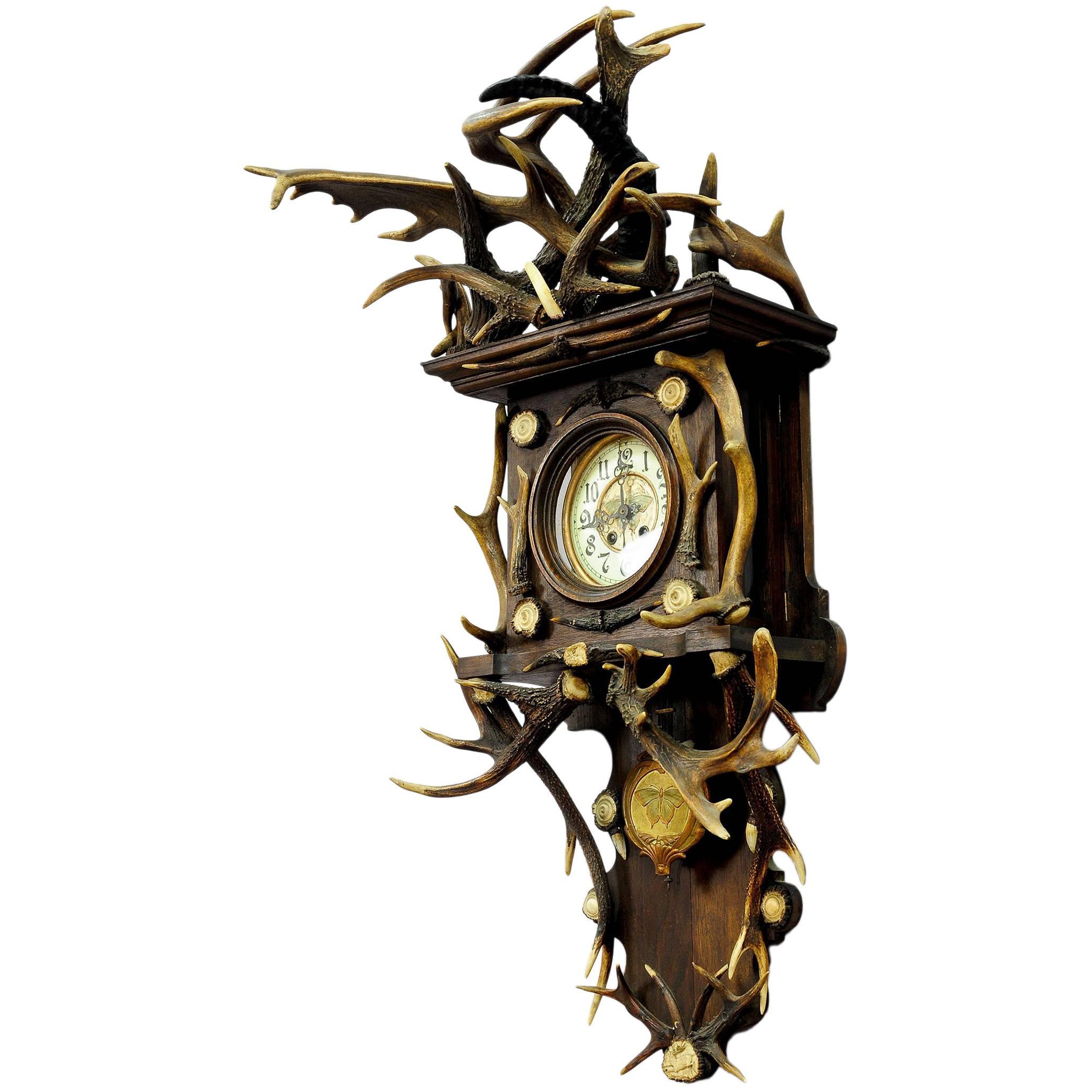 Antique Black Forest Antler Clock Regulator, 1900