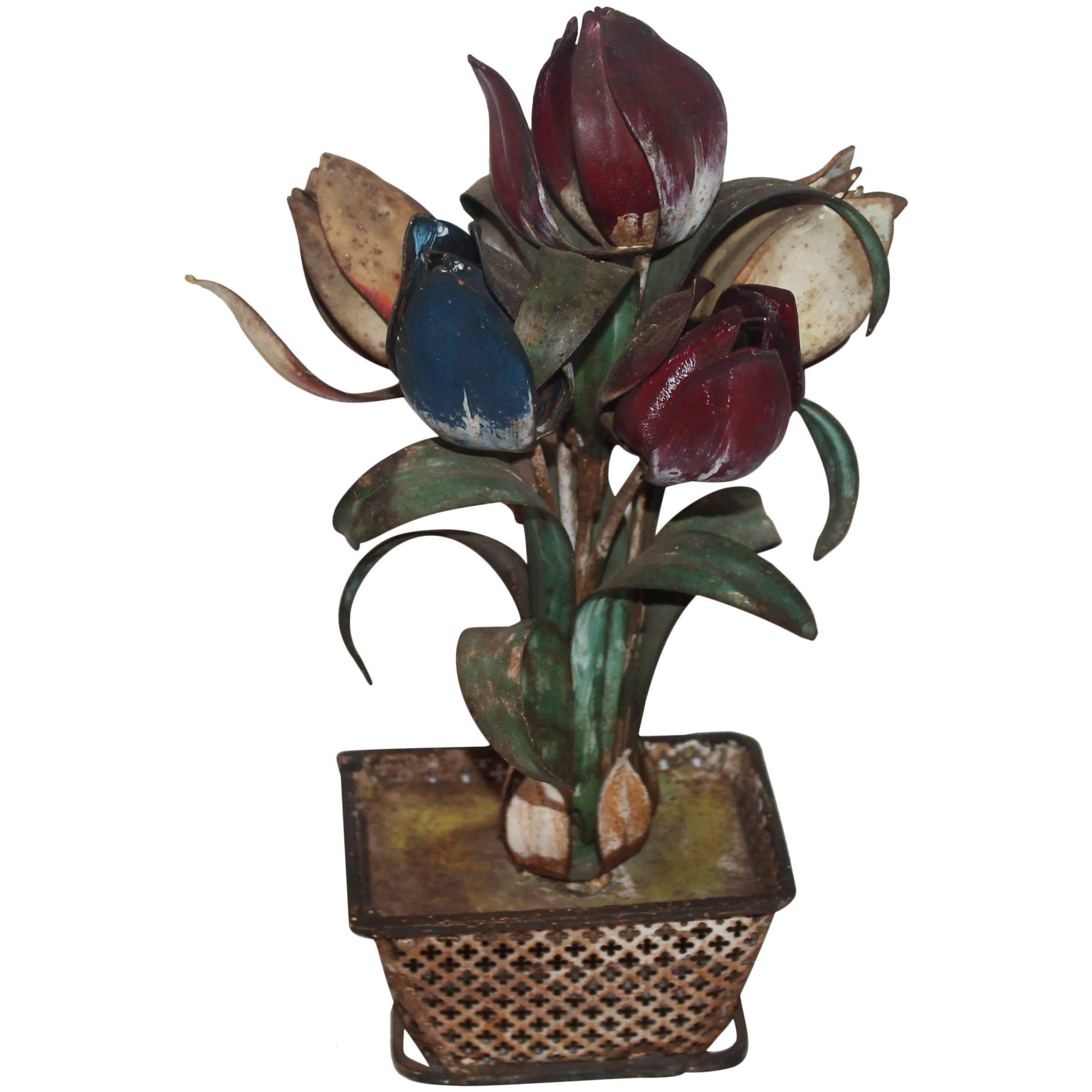 Late 19th Century Original Painted Tin Tulips in Basket Planter For Sale