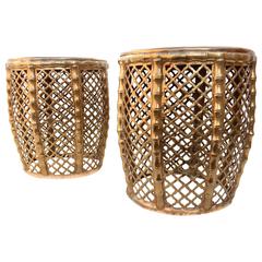Vintage Hollywood Regency Pierced Brass Faux Bamboo Drum Stools, Pair