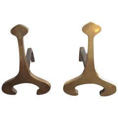 Pair of Modernist Polished Brass Andirons, France 1970s