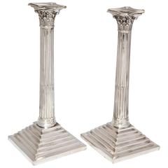 Tall Victorian Sterling Silver Corinthian Column Form Candlesticks
