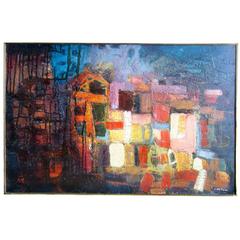 José Ortega Abstract "Buildings" Oil Painting
