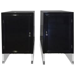 Pair of High Gloss Black Lacquer on Lucite Base Nightstands