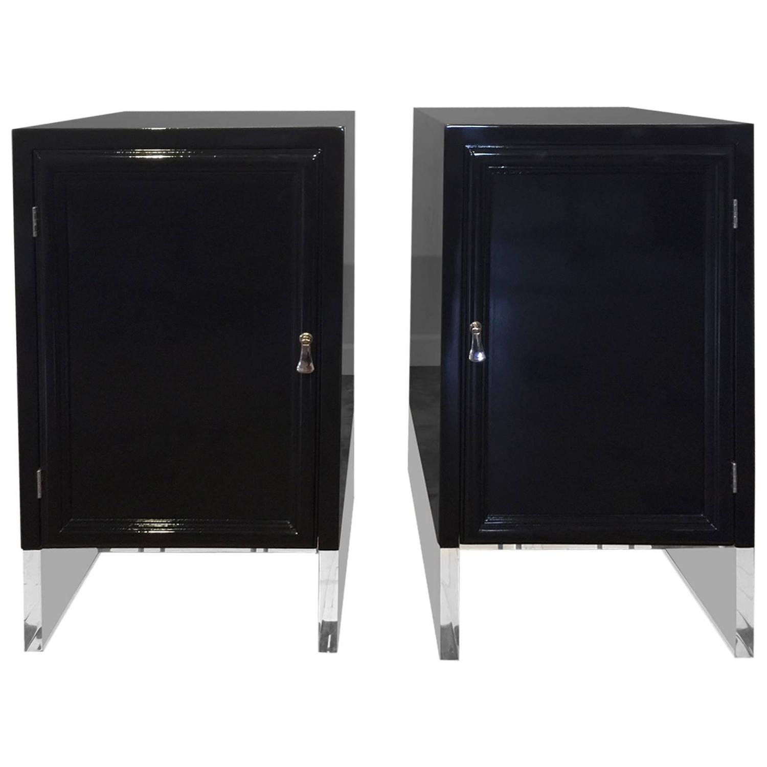 Pair of High Gloss Black Lacquer on Lucite Base Nightstands For Sale at 1stdibs