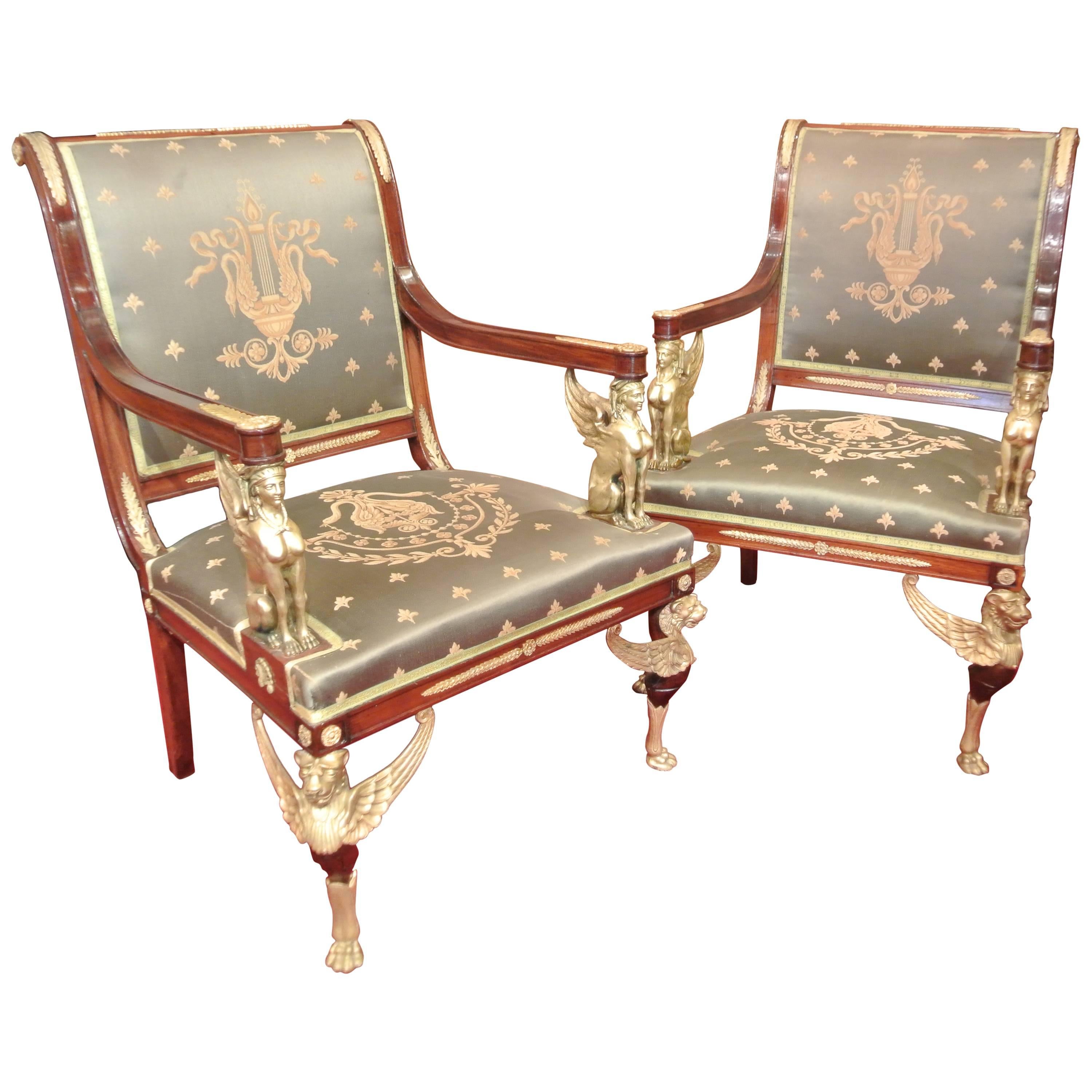 Pair of Grand Empire Style Armchairs in Mahogany and Bronze Core