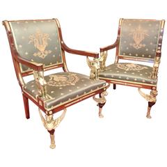 Pair of Grand Empire Style Armchairs in Mahogany and Bronze Core