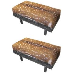 Pair of Black Cerused-Oak Deer Hide Upholstered Benches 1