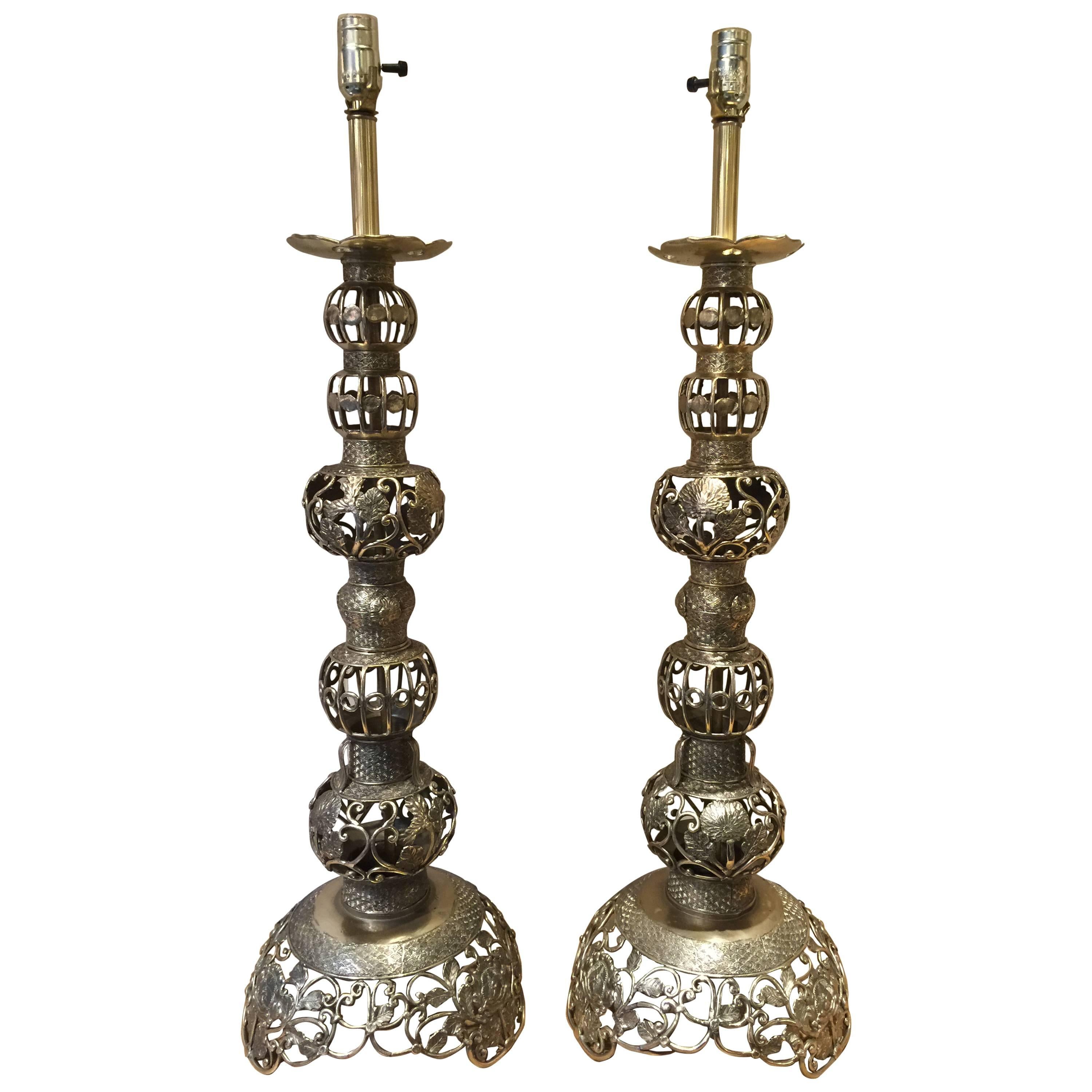 Pair of Large Chinese Brass Table Lamps For Sale