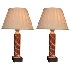 Pair of 19th Century French Painted Tole Columnar Lamps