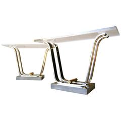 Pair of Tulip Style Steel and Brass Console Tables by Karl Springer  C. 1970s
