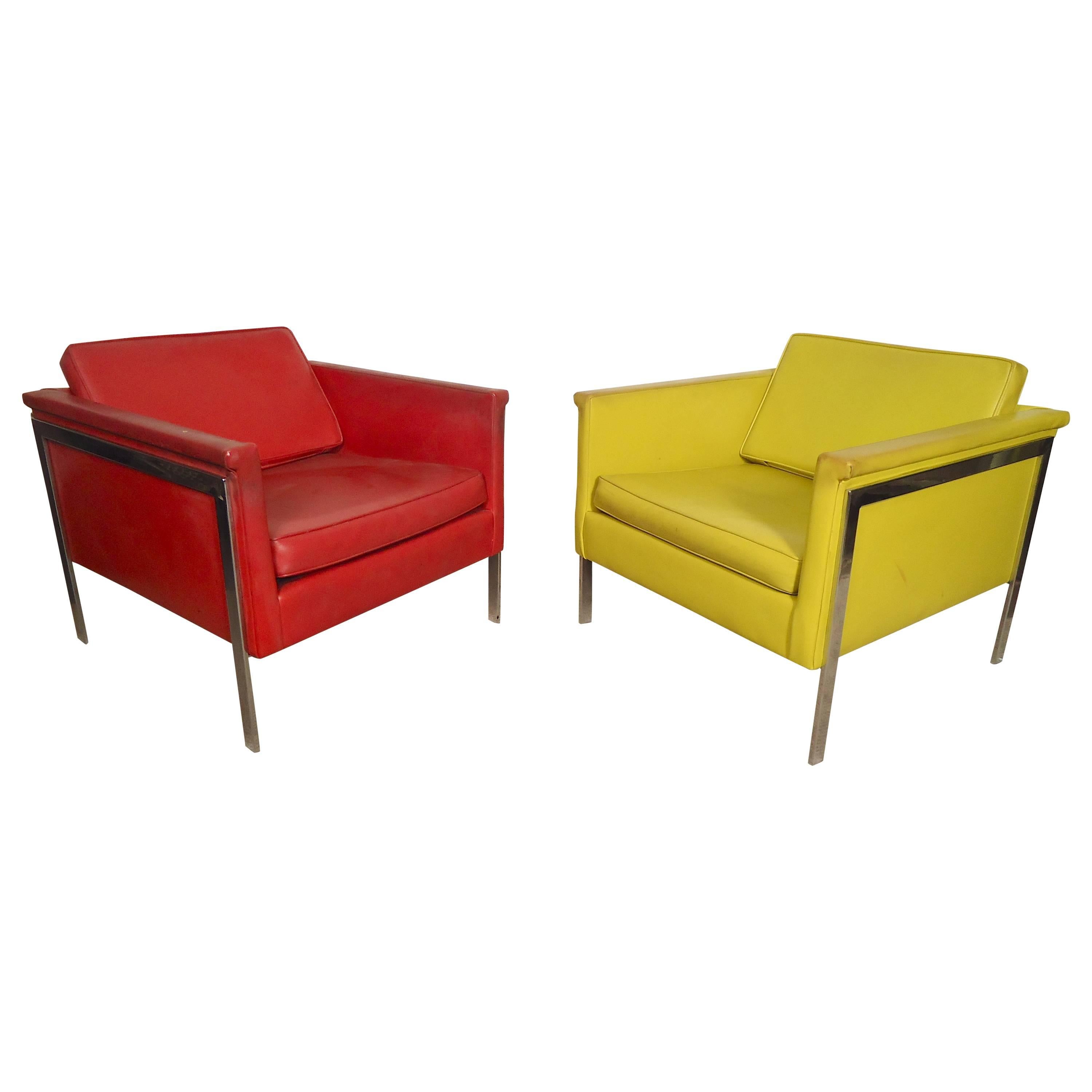 Pair Mid-Century Modern Lounge Chairs, Yellow and Red