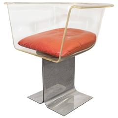 Pace Collection 1970s Acrylic Swivel Armchair on Aluminum Base with Leather Seat