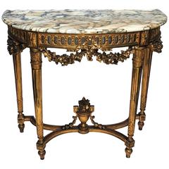 Wonderful French Marble-Top Giltwood Carved Demilune Urn Swag Console Table