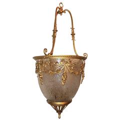 Wonderful French Bow Gilt Doré Bronze and Frosted Art Glass Chandelier Lantern