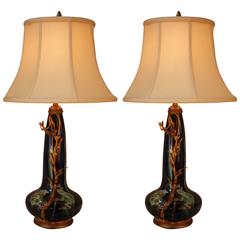 Pair Of Belgium Pottery and bronze  Lamps 