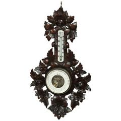 19th Century Carved Wood Barometer and Thermometer