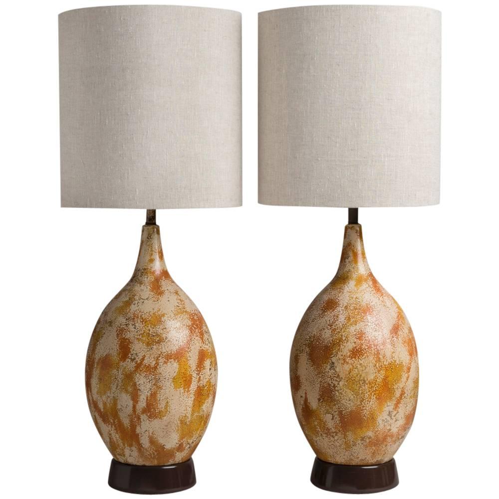 Large Pair of Yellow and Pink Textured Pottery Lamps