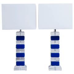 Pair of Blue and Clear Stacked Lucite Table Lamps, 1980s