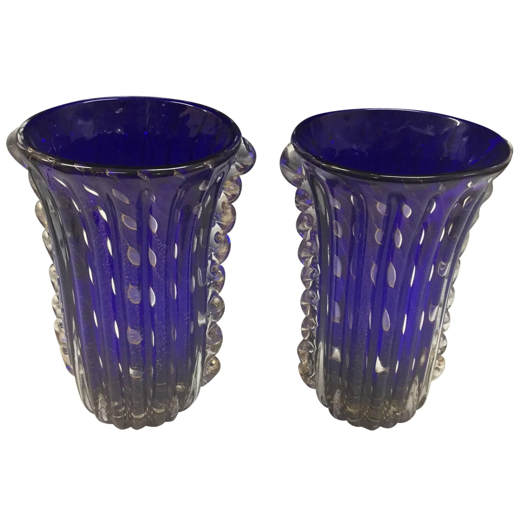 Pair of Cobalt Blue Italian Murano Glass Barovier & Toso Vases with Infused Gold For Sale