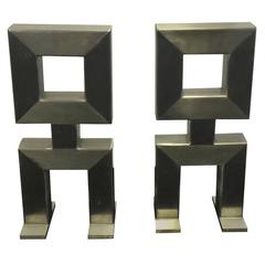  Modernist Brushed Nickel Pair of Chenets in the Manner of Samuel Marx