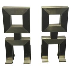Modernist Brushed Nickel Pair of Chenets in the Manner of Samuel Marx