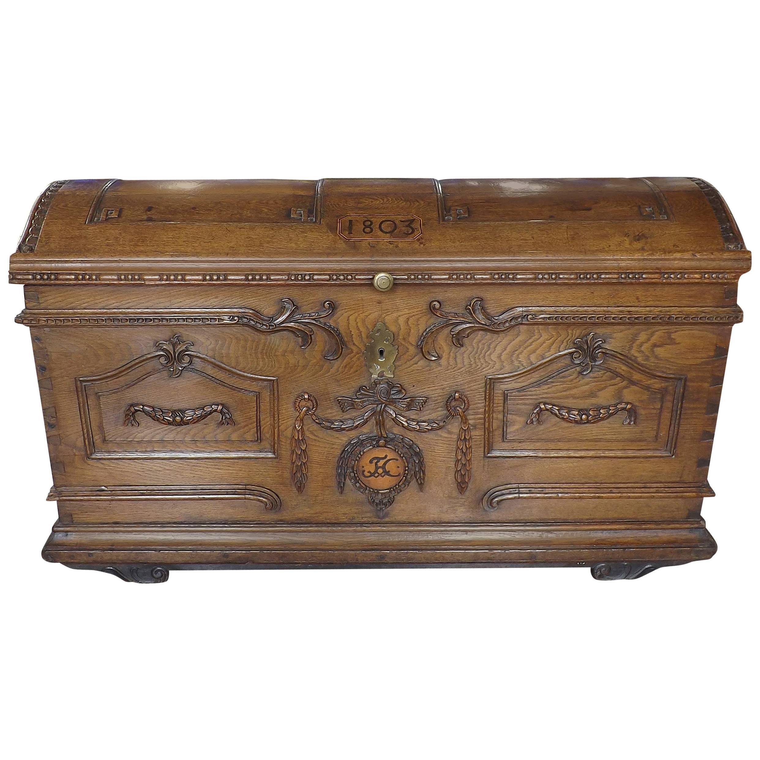 Flemish Carved Oak Chest with Wrought Iron Handles, Dated 1803