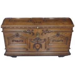 Flemish Carved Oak Chest with Wrought Iron Handles, Dated 1803