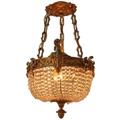 Antique French Bronze and Crystal Pendant Light