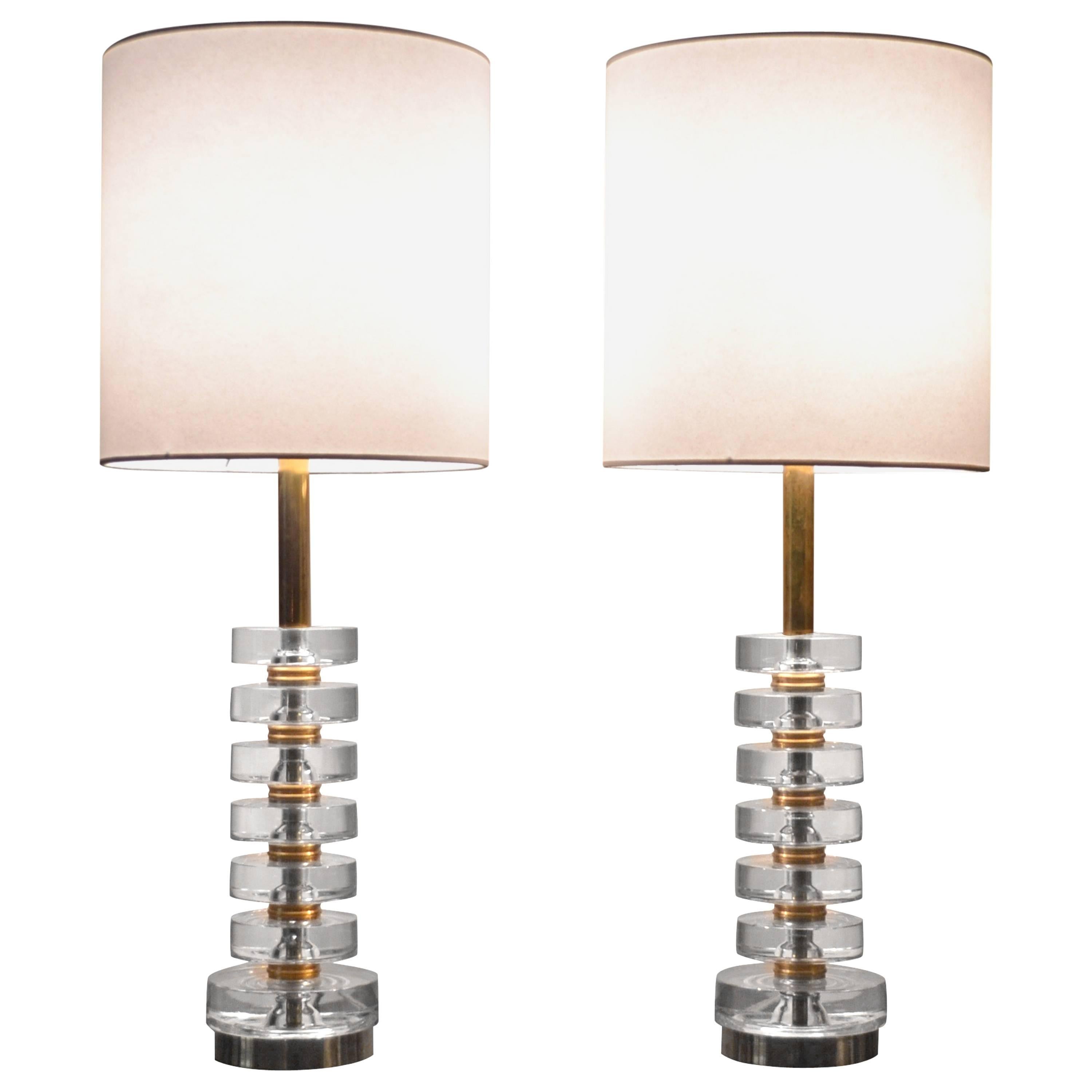 Pair of Lamps in Glass and Brass by Carl Fagerlund for Orrefors, circa 1960s