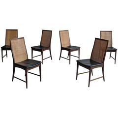 Danish Highback Cane Wicker and Mahogany Chairs with black leather seats
