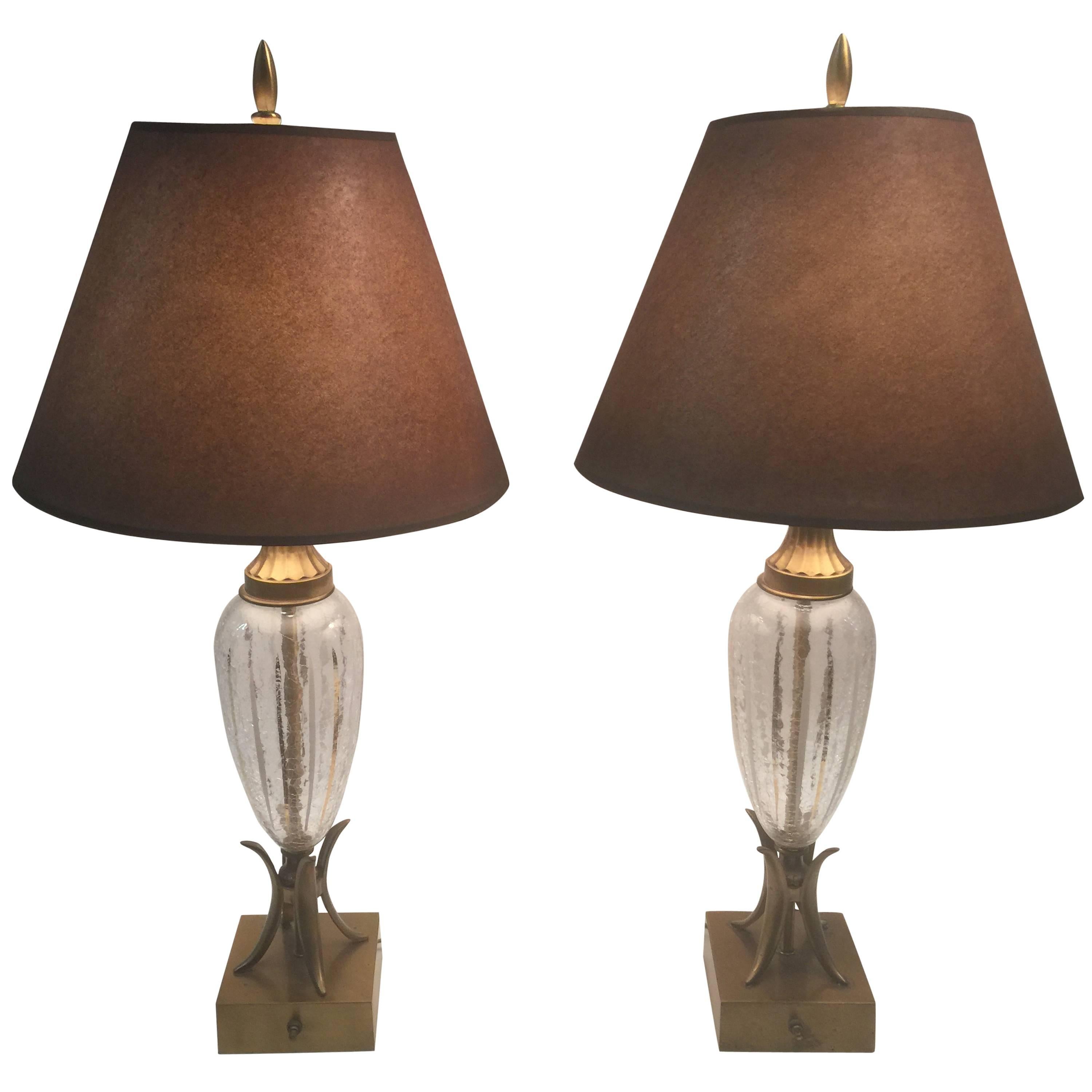  Fantastic Pair of Modernistic Italian Crackle Glass Lamps For Sale