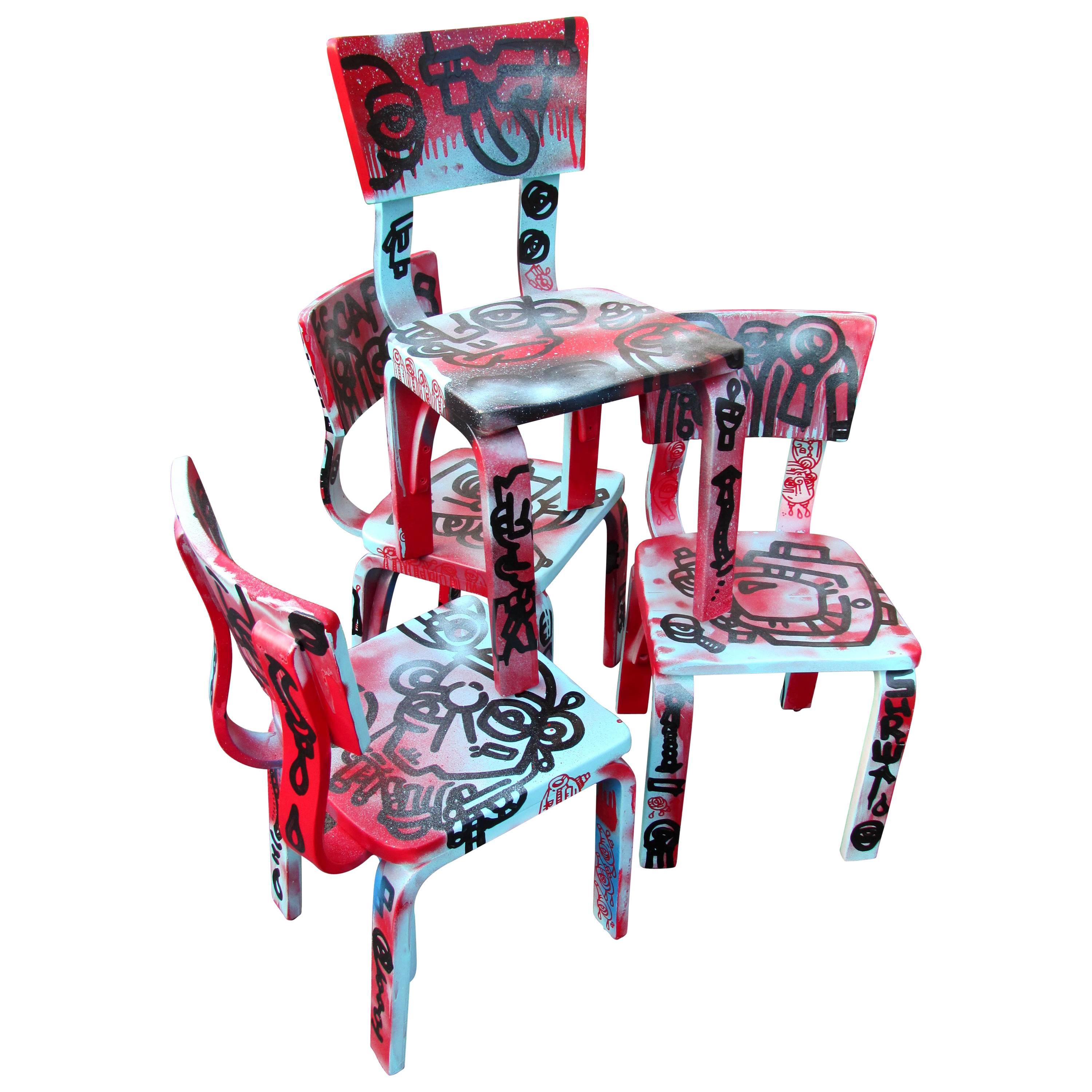 Set of Four Graffiti Painted Children's Thonet Chairs For Sale