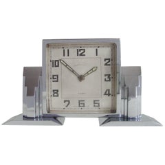 High End Swiss Art Deco Chrome-Plated Architectural Mechanical 8-Day Desk Clock