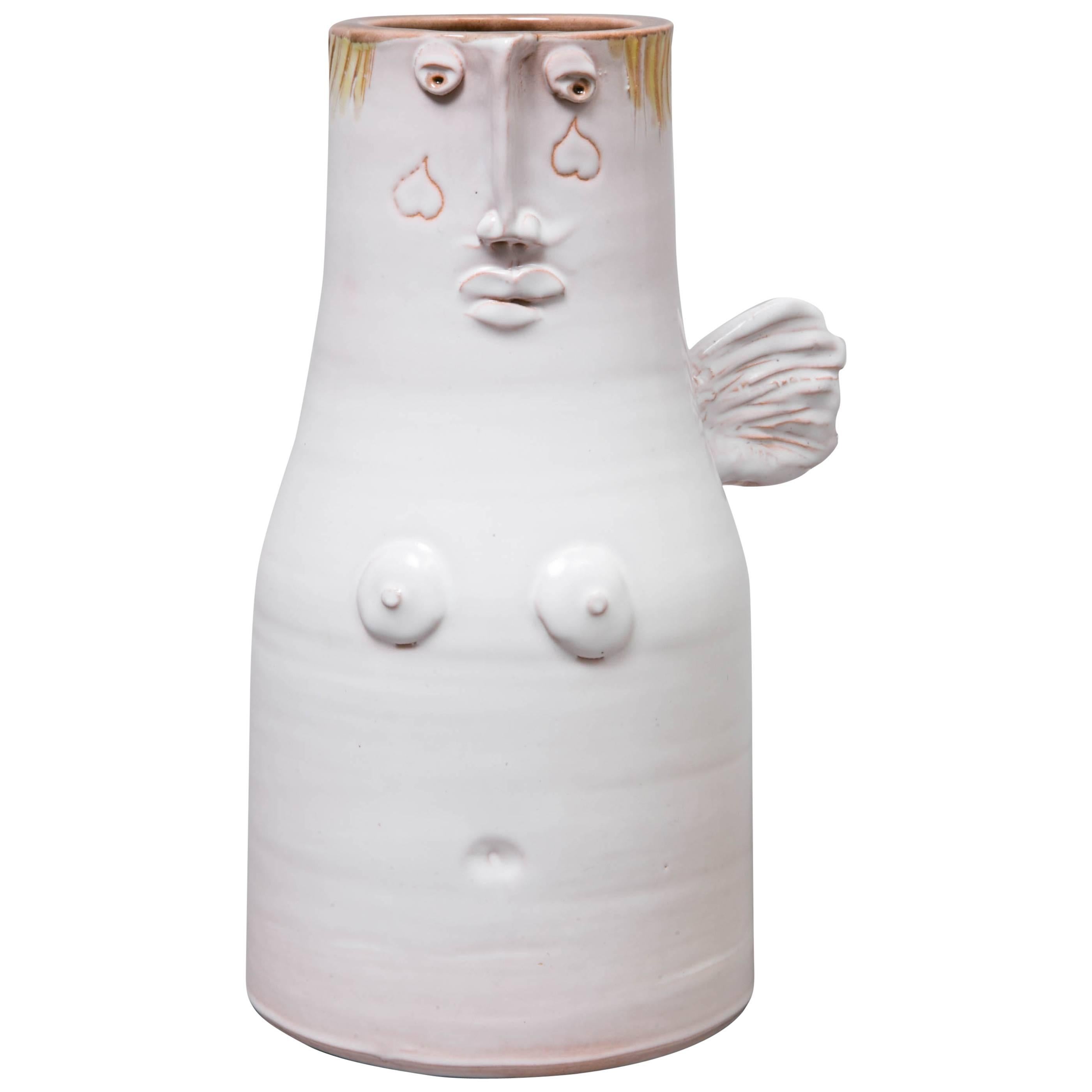 White Winged Vase with a Face, circa 1965, by the Cloutier Brothers For Sale